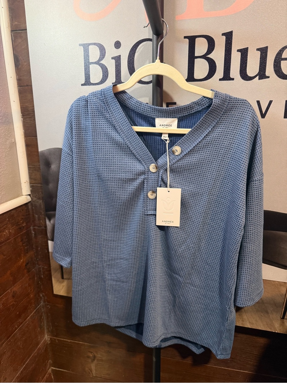 Andree Dusty Blue Waffle Knit Henley